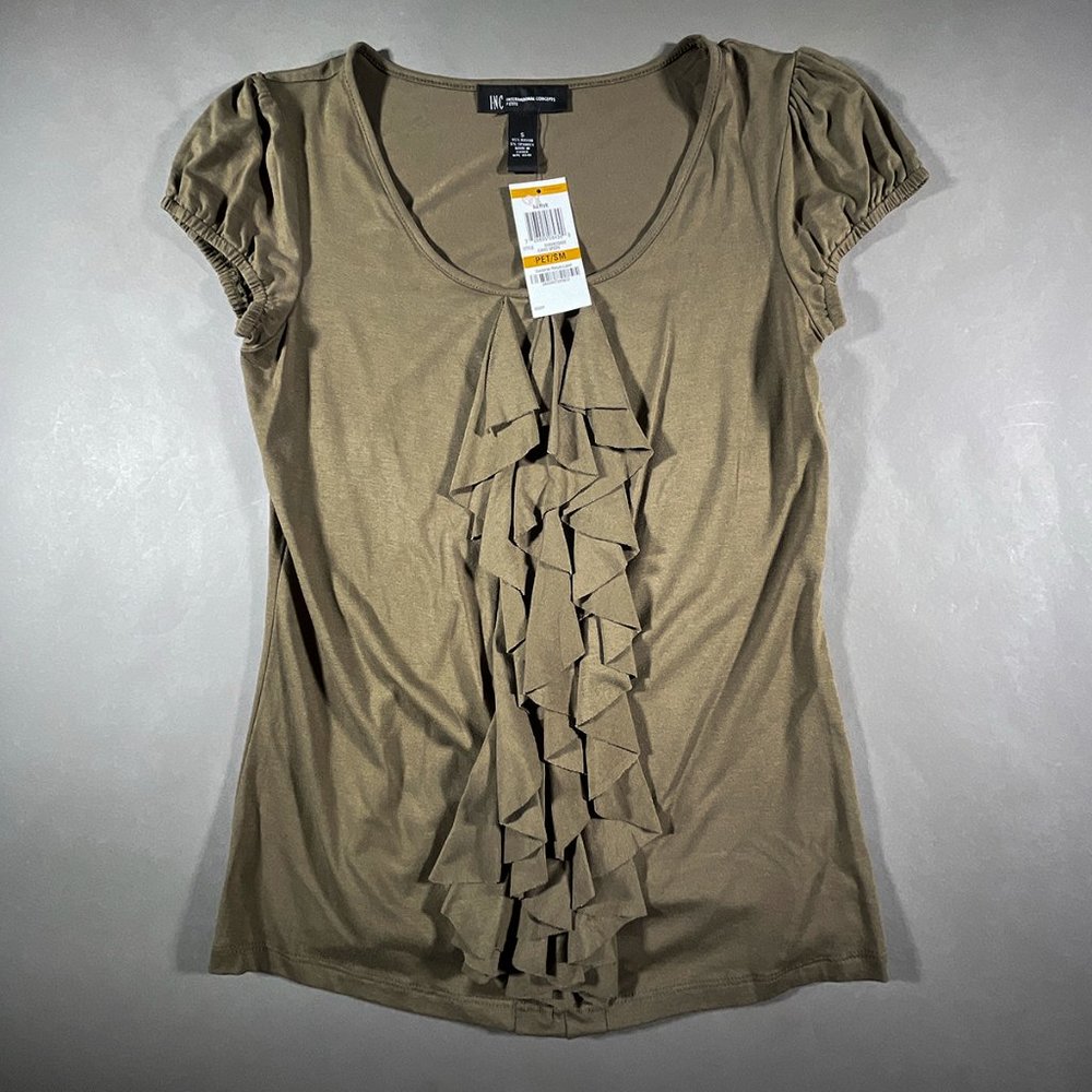 NWT -  INC. Camo Green Tank Top‎ Ruffle/Front Elastic Sleeves Size Small